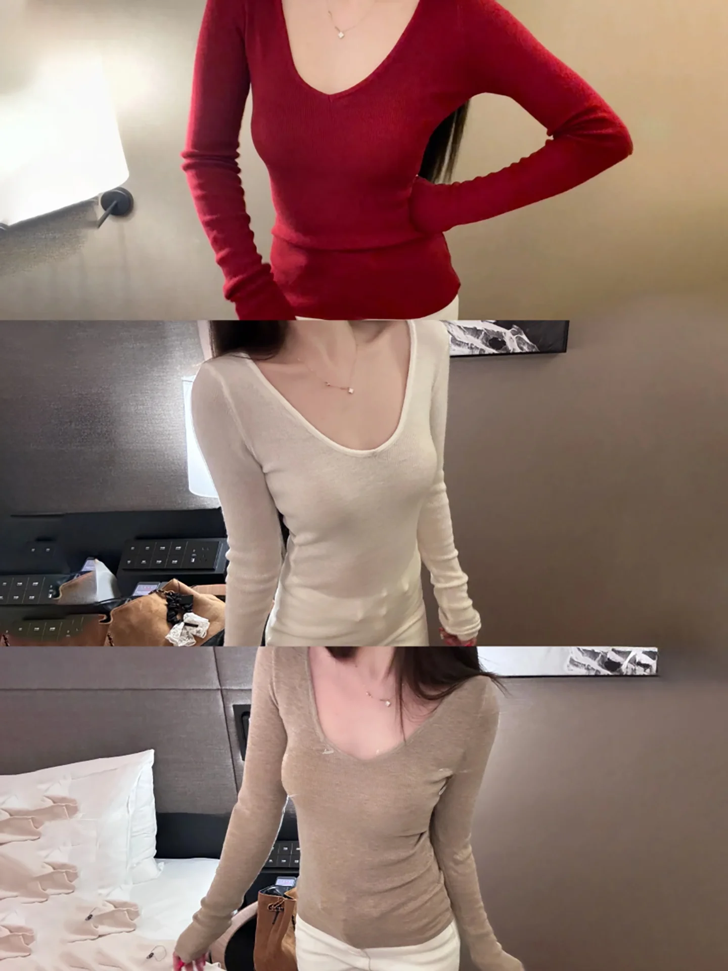 

Sexy Long Sleeve Deep V Neck Knitted Top Women Slim Fit Base Layer Shirt Inner Wear Slimming Bottoming Shirt Casual Style