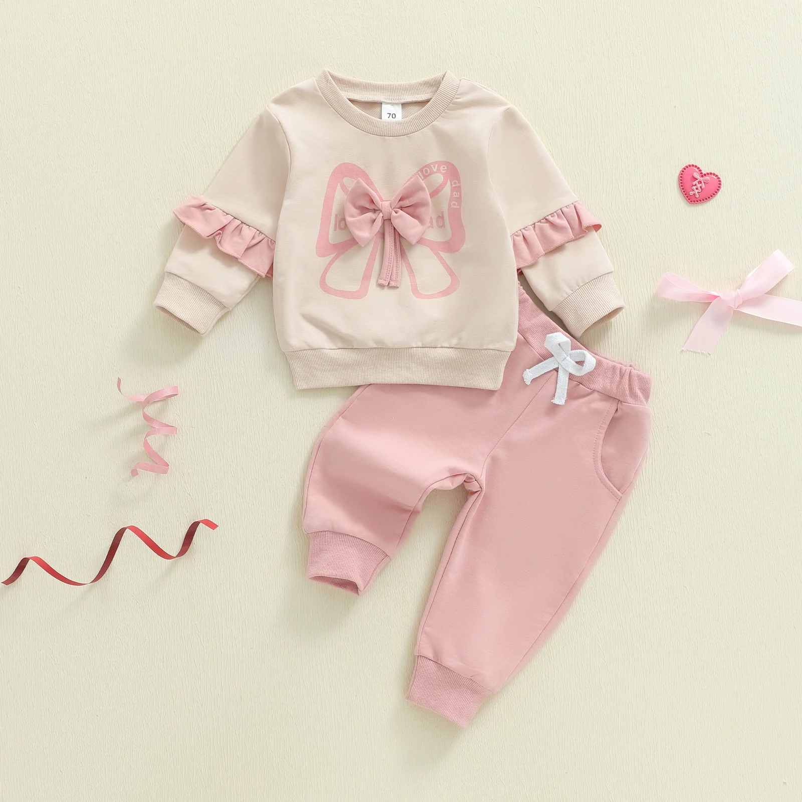 

Tregren 0-3Y Toddler Girl Fall Outfits Bow Print Long Sleeve Round Neck Ruffled Pullover + Elastic Waist Long Pants 2 Pcs Set