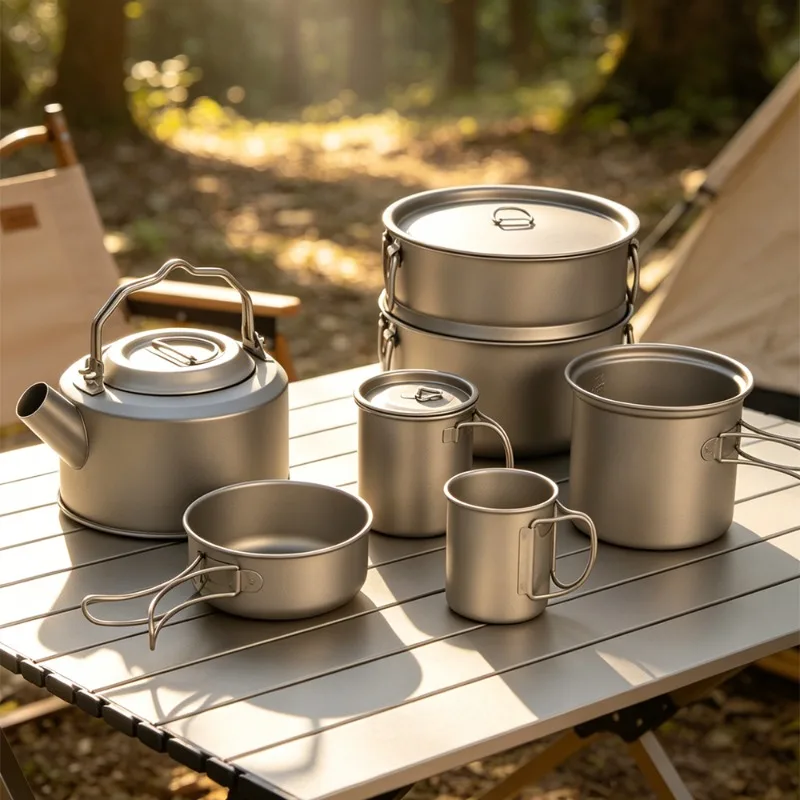 Lightweight healthy titanium alloy camping cup, kettle, steamer, camping pot, suitable for outdoor camping and hiking