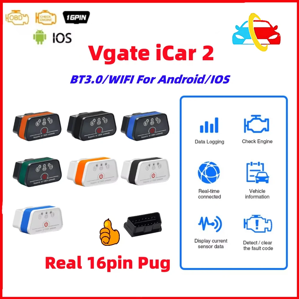 Vgate iCar2 ELM327 WIFI Bluetooth OBD2 Scanner PK ICAR2 ELM 327 V1.5 Car Auto Diagnostic Tool  For Android/IOS/PC