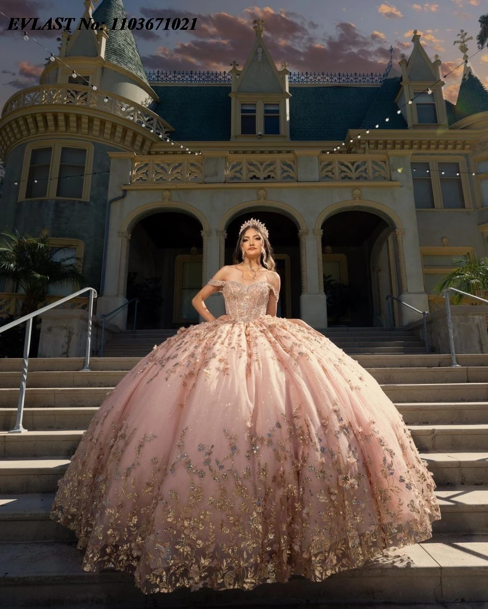 EVLAST-vestido De quinceañera con lentejuelas rosas brillantes, apliques De vestido De baile, corsé escalonado De cristal con cuentas, dulce 16 Vestidos De 15 años SQ750