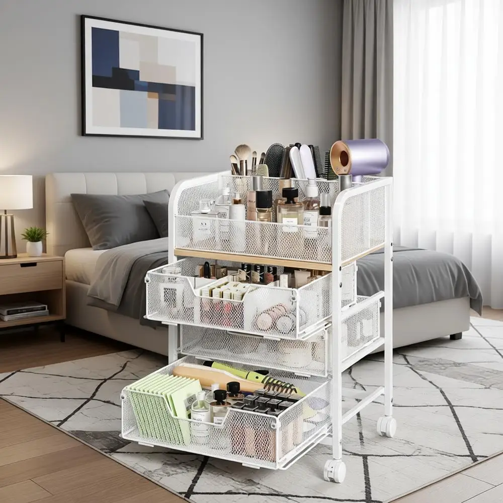 3-Tier Makeup Cart Organizer with Dividers, Desk-Underneath Skincare and Cosmetics Storage, Display Cases for Beauty Essentials,