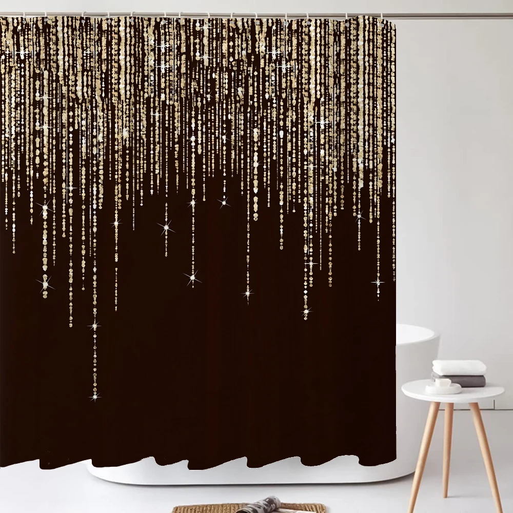 Black Golden Shiny Glitter Printed Shower Curtain Set Modern Fabric Bathroom Curtains and Non-Slip Bath Mat Toilet Cover Decor