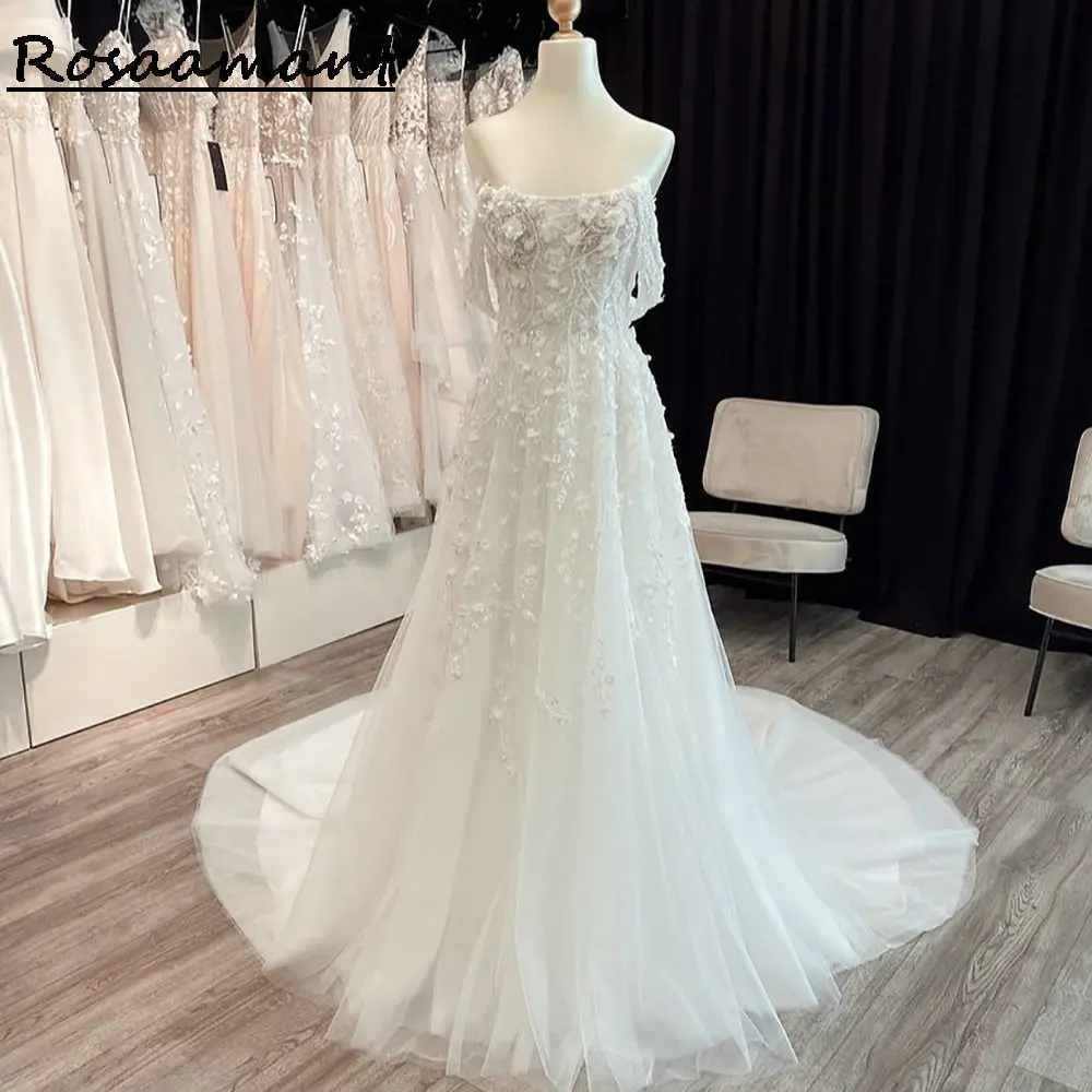 

Luxury Sequined Appliques Lace A-Line Wedding Dresses Off The Shoulder 3D Flowers Bridal Gowns Vestidos De Novia