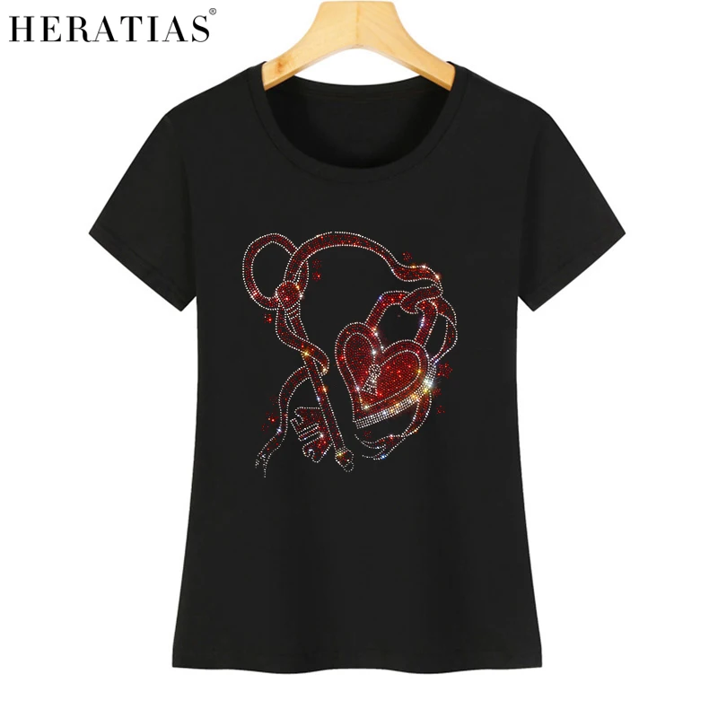 High quality ladies summer casual short-sleeved T-shirt Creative love lock diamond T-shirt S-4XL