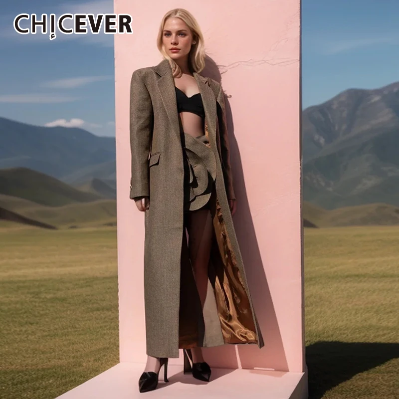 

CHICEVER Solid Temperament Coats For Women Notched Collar Long Sleeve Single Breasted Loose Spliced Pockets Maxi Trench Female