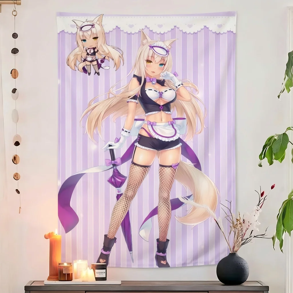 Nekopara Pastel Tapestry Blonde Cat Girl Heterochromia Eyes Purple Maid Outfit Chibi Print Wall Hanging Teen Dorm Bedroom Decor