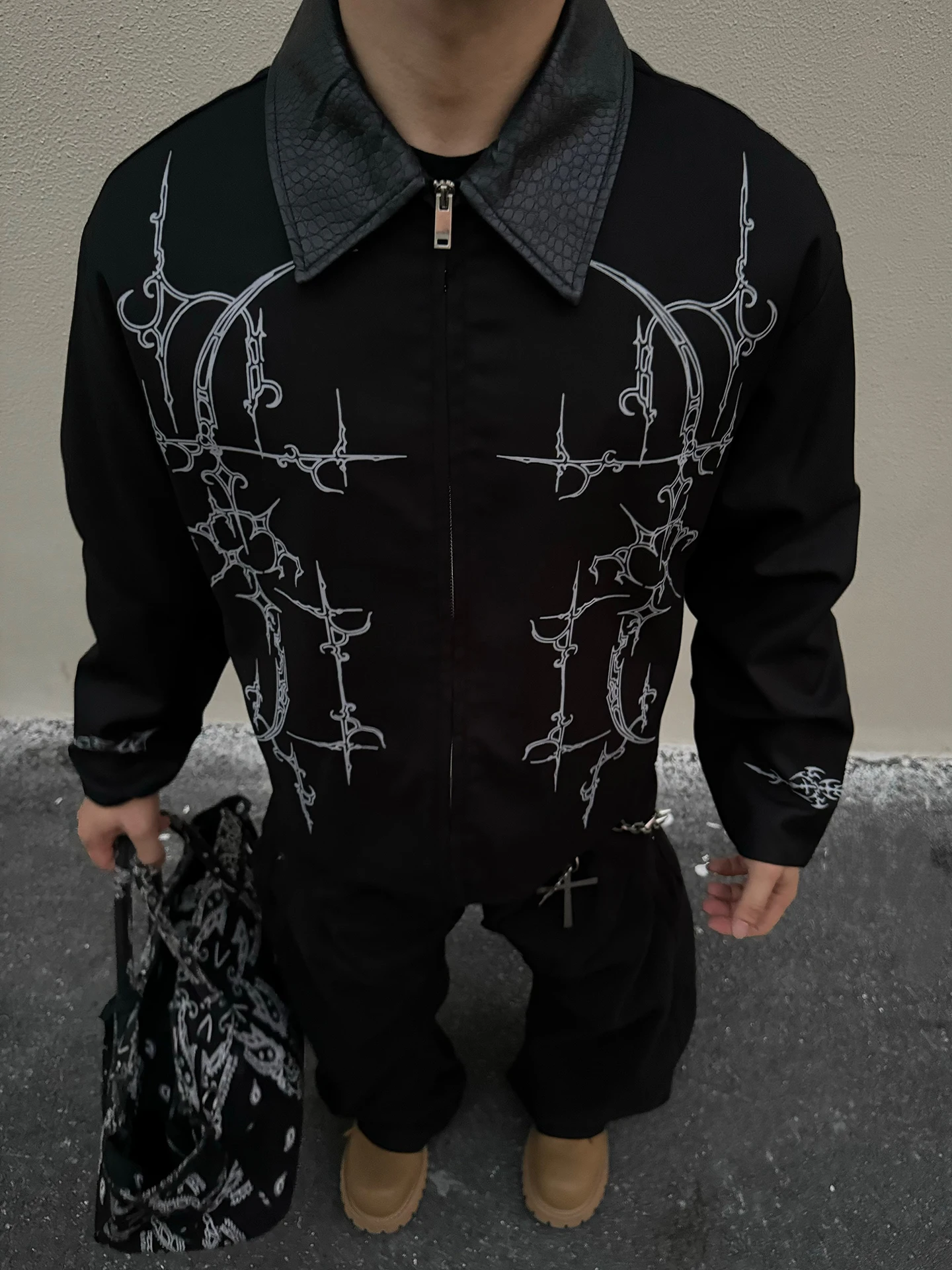 

American Sle Printed Collar Jaet Men's Casual ort Wide Outerwear Cleanfit Polyester Fabric Loose Fit Autumn New Arrival