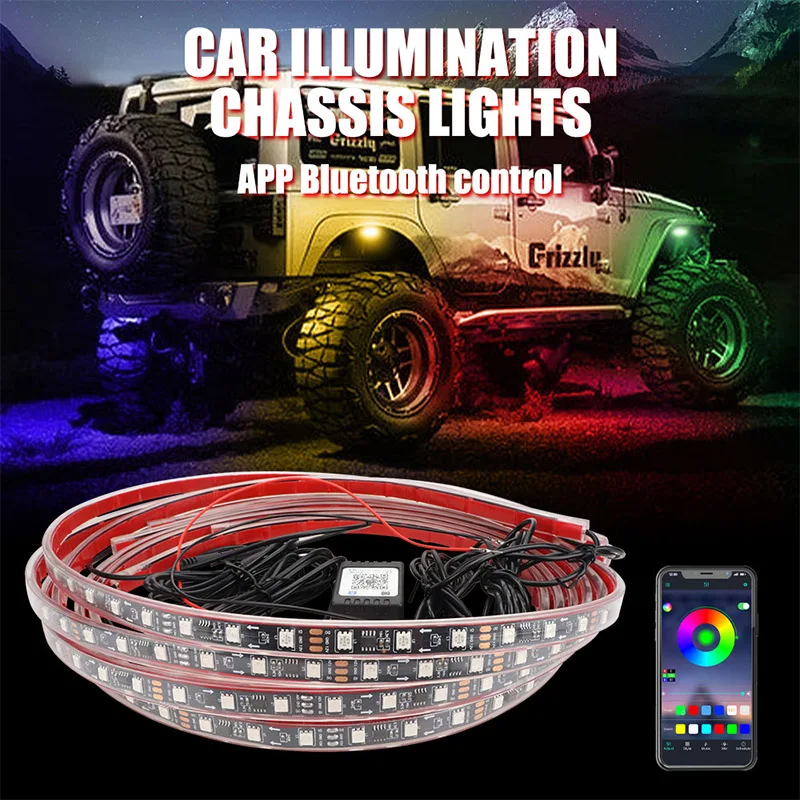 

1 комплект, полноцветное освещение автомобиля, светильник для шасси, 12 В, 5050, светодиодные бусины, управление через приложение, атмосферный свет, IP67, водонепроницаемый декоративный светильник