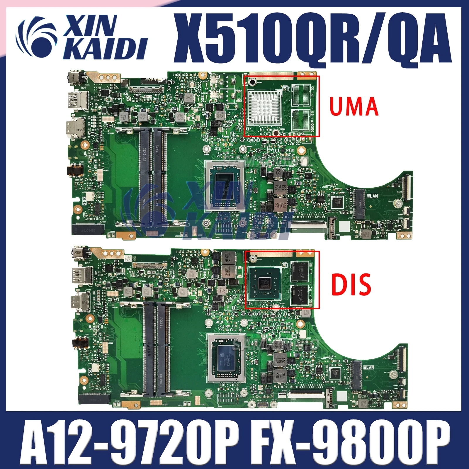 

X510QR Laptop Motherboard W/A12-9720P A10-9620P For Asus X510Q X510 X510QR X510QA Mainboard UMA V2G DDR4*2Slots 100% Test