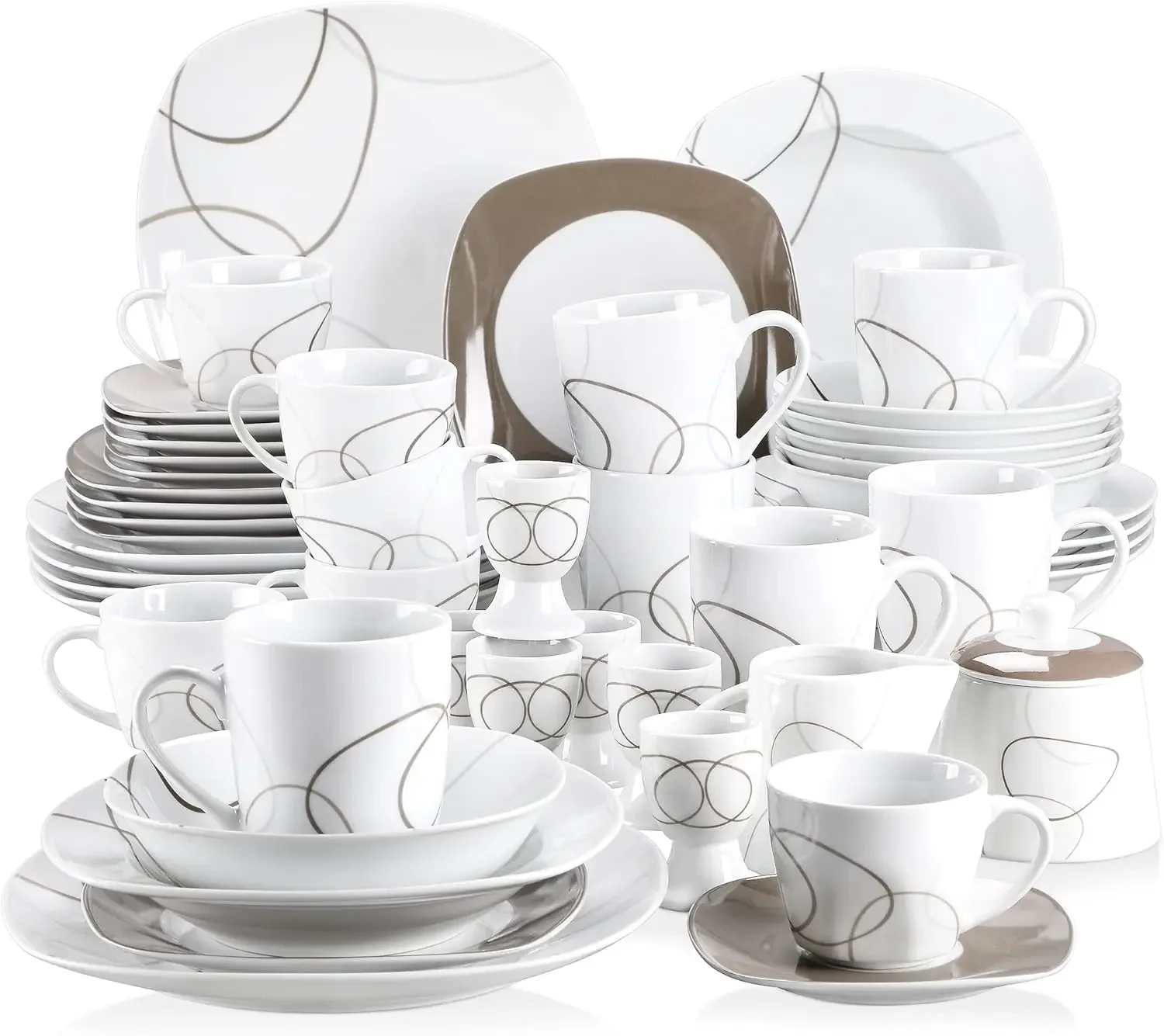 

VEWEET, Series Nikita, 50-Piece Dinnerware Sets for 6, Including Porcelain Plates Sets, Bowls, Mugs, Egg Cups,Cup and Saucer Set