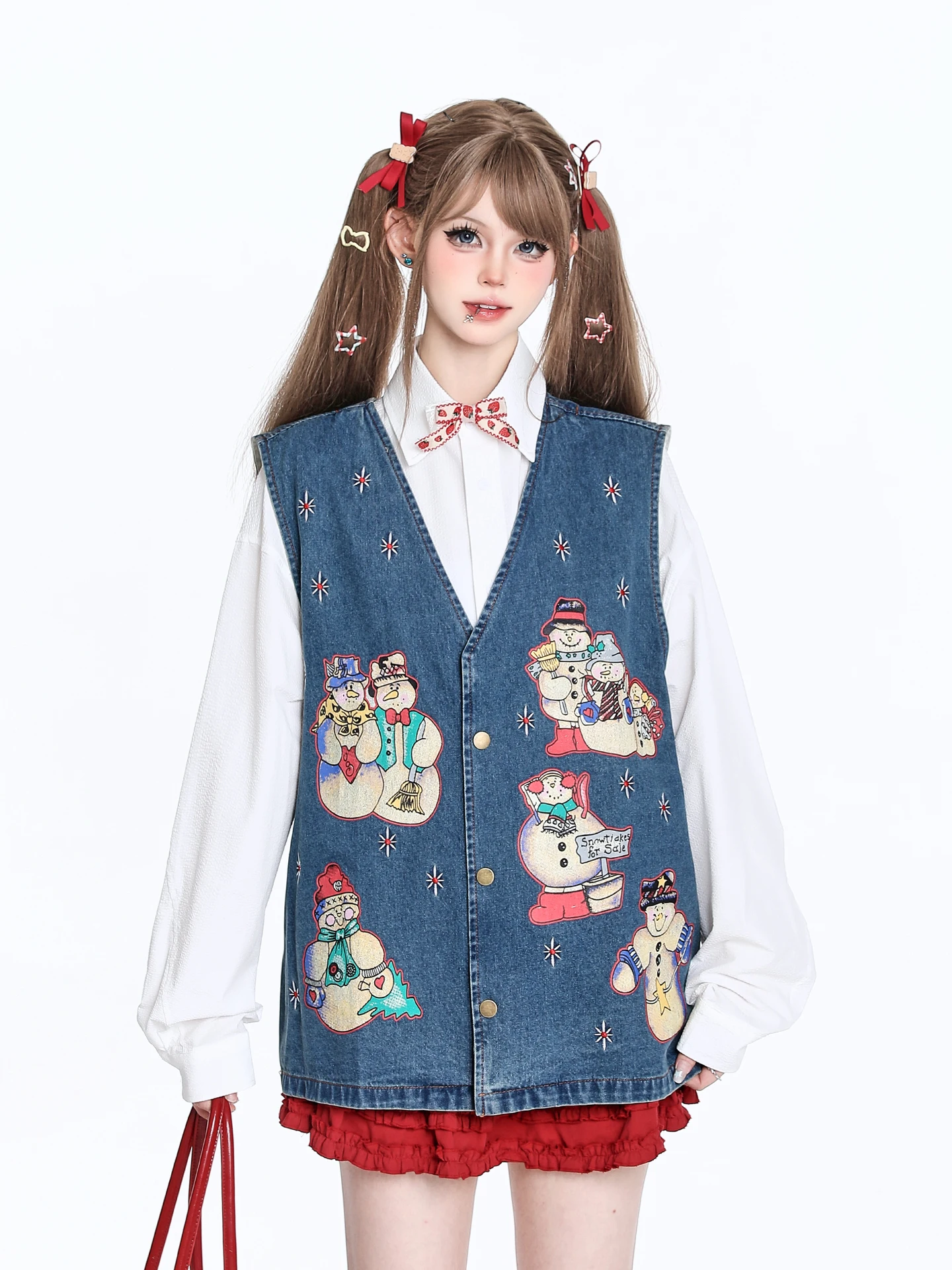 

Женский джинсовый жилет с принтом в стиле ретро-мультфильма «Снеговик», повседневный, из 100% хлопка, с V-образным вырезом, на одной пуговице