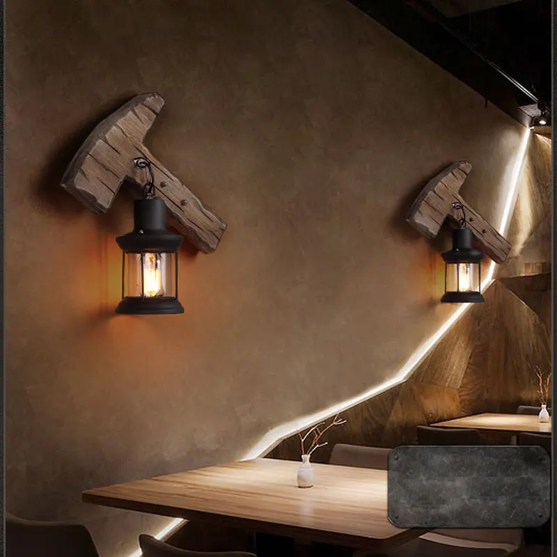 Loft Industrial Restaurant Wall Lamp Wood Vintage Light Bedside Bedroom Cafe Aisle Corridor Glass Wall Light Wood Lamp
