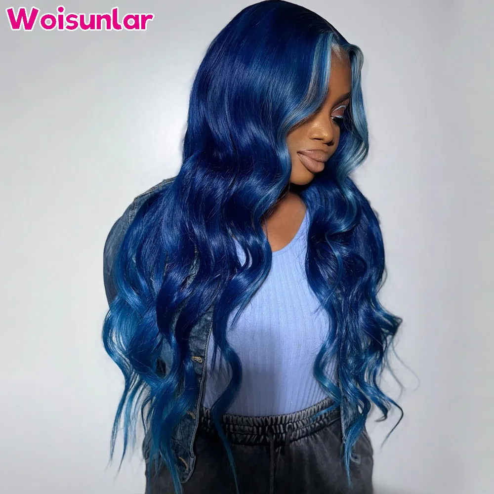 Ombre Blue human hair Wig Pre Plcuked 13x4 Transparent Lace Frontal Human Hair Wig Body wave For Black Women 180% Human Hair