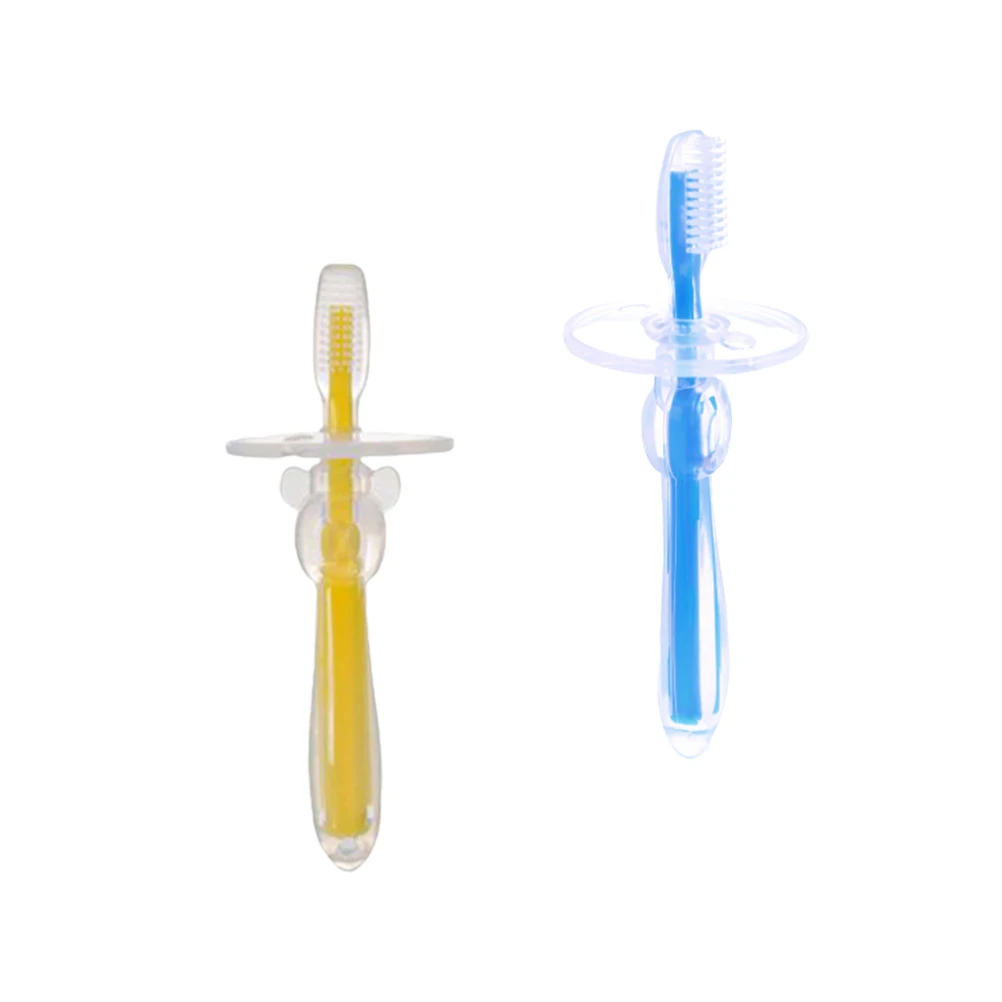 

2Pcs Safe Food Grade Silicone Baby Toothbrush With Guard MultiPurpose Training Bristle Toothbrush For Kids Yellow Blue