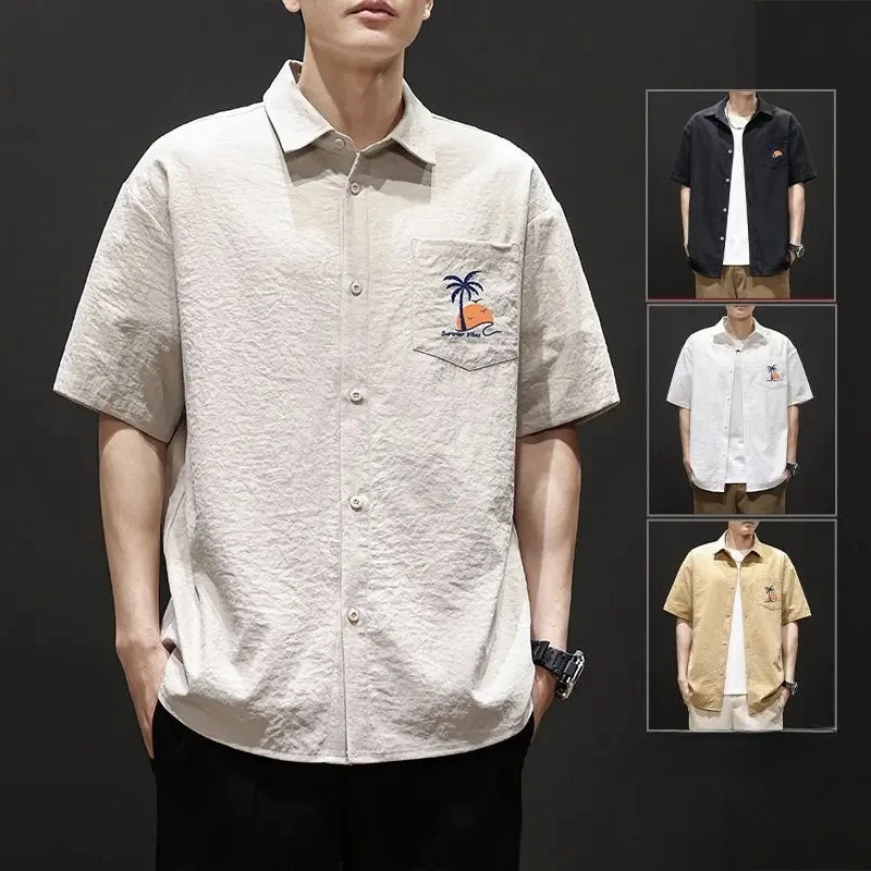 Men's Short Sleeve Printed Shirts Korean Retro Loose Lapel Shirt Man Multi-Pocket Work Jacket Fashion Streetwear Men's Clothing
