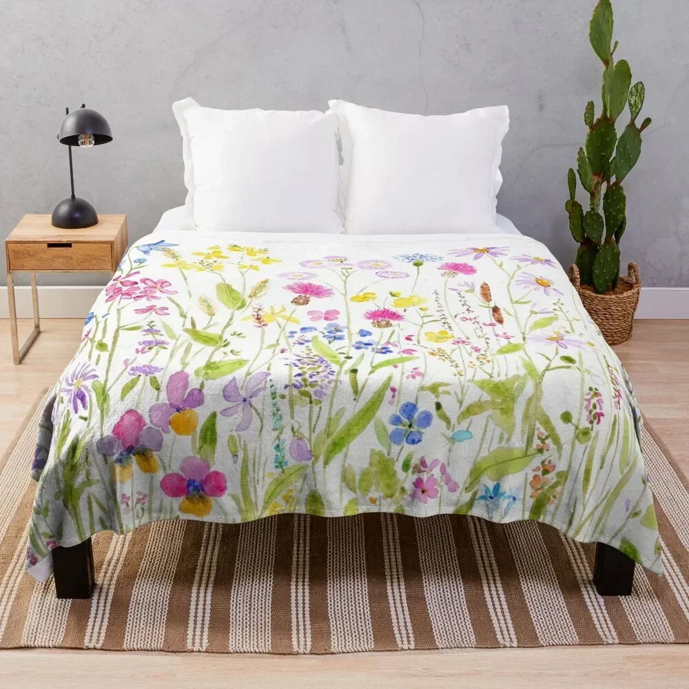 colorful meadow fields watercolor Throw Blanket Custom Bed linens Fashion Sofas Beach Blankets