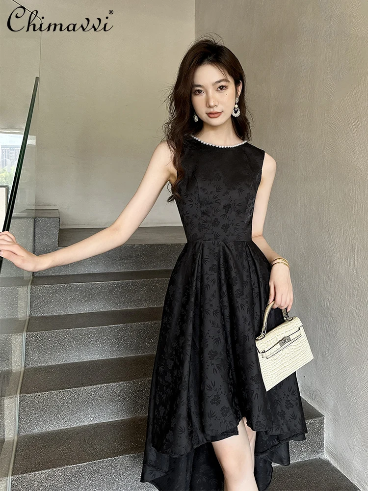 

French Elegant Celebrity Banquet Evening Dresses Beaded Crew Neck Sleeveless High Waist A-line Irregular Black Long Dress Women