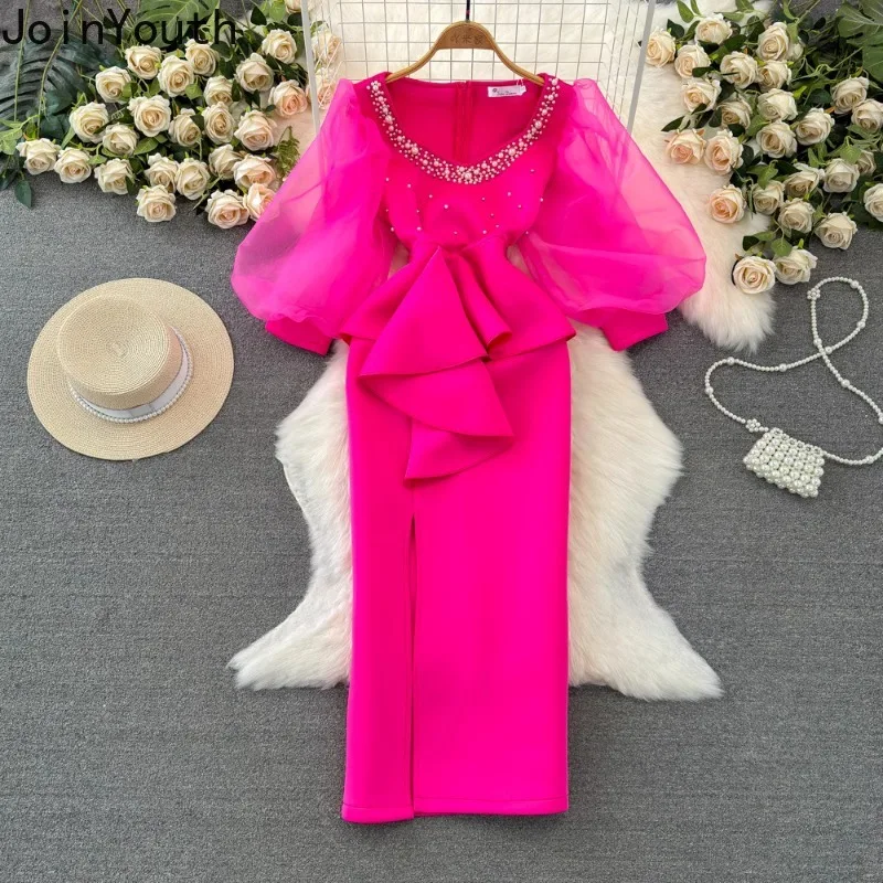 Temperament Robe Femme Party Dresses for Women Gauze Lantern Sleeve Square Collar Beading Split Dress 2024 Vestidos De Mujer