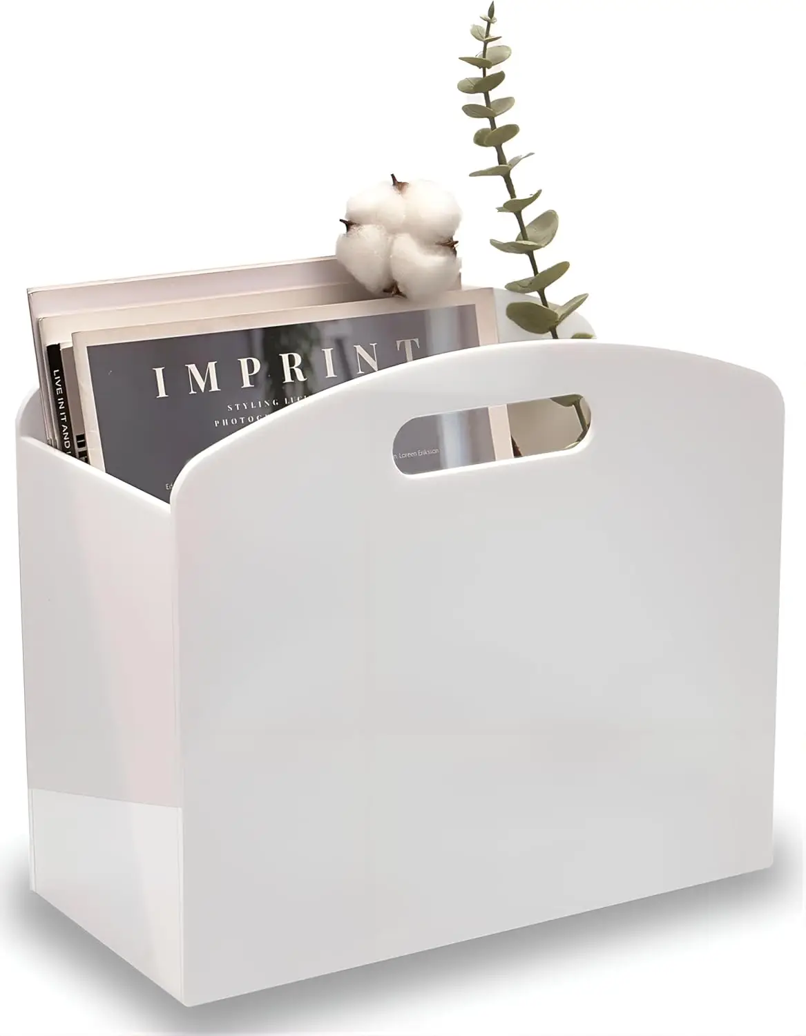 White Magazine Holder - Acrylic Magazine Rack Floor, Newspaper Stand with handles, Modern Lucite Magazine and Book Baske