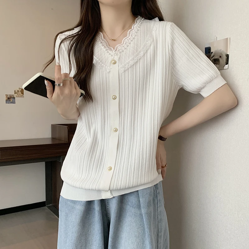 

2023 Summer V Neck Beading Fashion Sweater Women Tops Lace Hollow Out Thin Loose Short Sleeve Silk Casual Knitted Lady Clothes