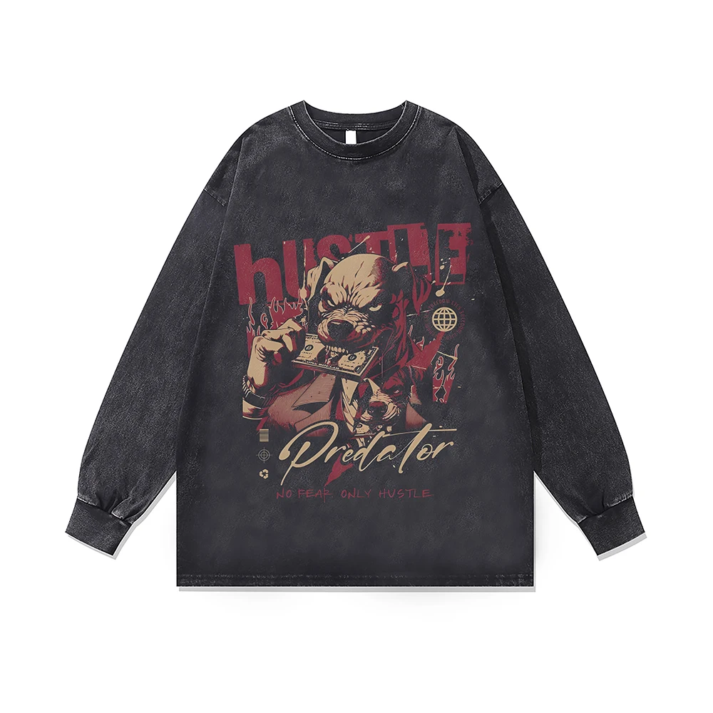 Gothic Anime Bulldog Evil Print Distressed New In Sweatshirt Vintage Washed Y2k Oversized T-shirt Streetwear Men's Clothing Tops