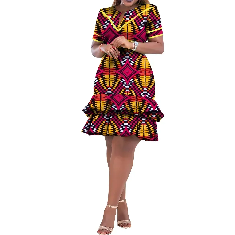 African Dresses for Women Ankara Clothing Short Sleeve Dress Wax Print Knee Length Party Dresses Robe Africaine WY9880