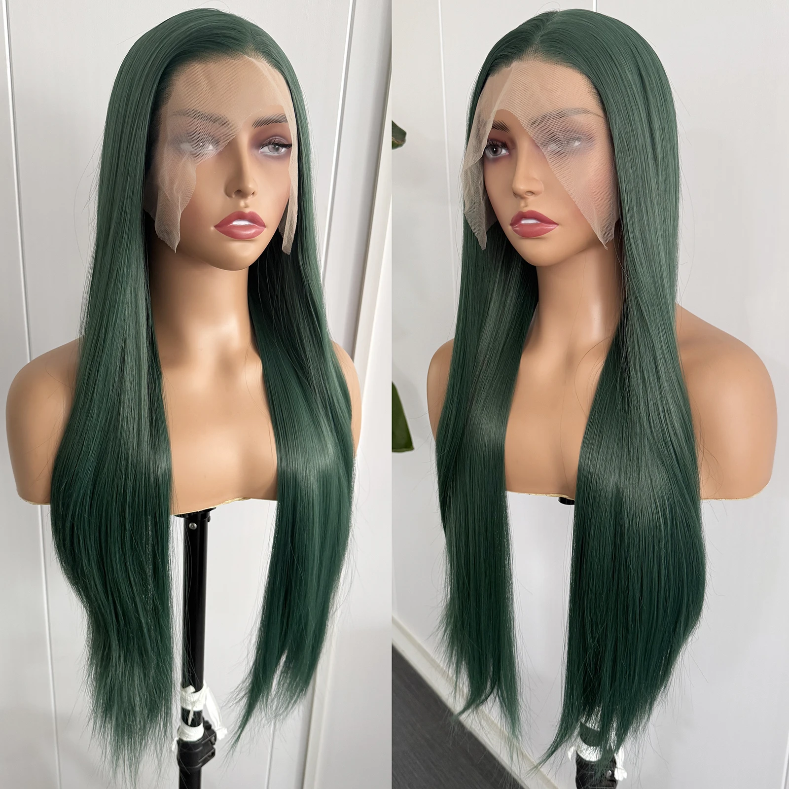 AIMEYA Dark Green Lace Front Wig 13x4 Long Silky Straight Synthetic Daily Wear Cosplay Wig Natural Hairline Heat Resistant Fiber