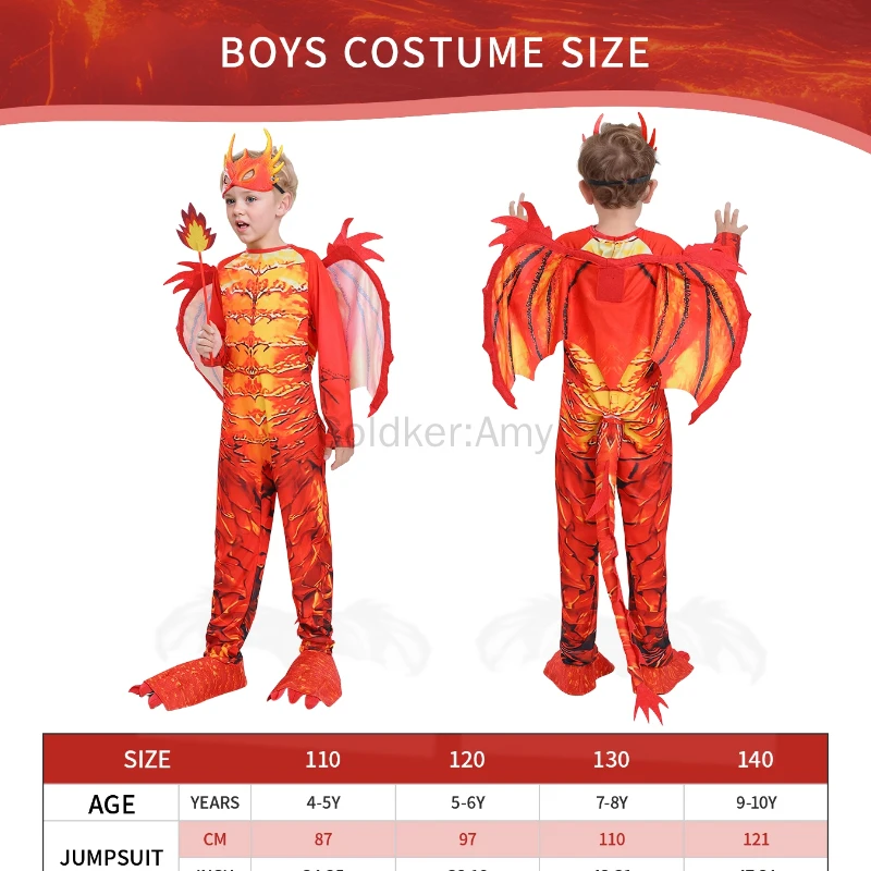 

Child Red Fire Dragon Costume for Kids Boys Halloween Dragon Costume with Wings Carnival Party Fun Dress-Up