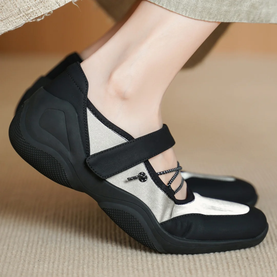 

2026 Spring new women's genuine leather patchwork lace-up narrow band hook&loop square toe slip-on flats sneakers casual loafers