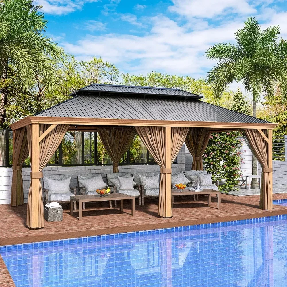 # l 12' x 20' Hardtop Gazebo, Outdoor Wood Grain Aluminum Gazebo with Galvanized Steel, Gazebo Canopy with Netting and Curtains