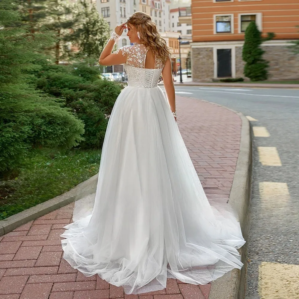Plus Size A-line Wedding Dress Customized O-neck Long Sleeves Applique Back Lace-up Corset Bridal Gown Backless vestido de novia
