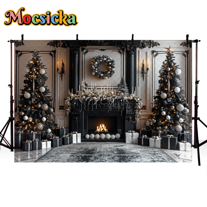 Mocsicka Xmas Indoor Fireplace Background Photography Christmas Tree Garland Decor Child Adult Family Photo Backdrop Studio