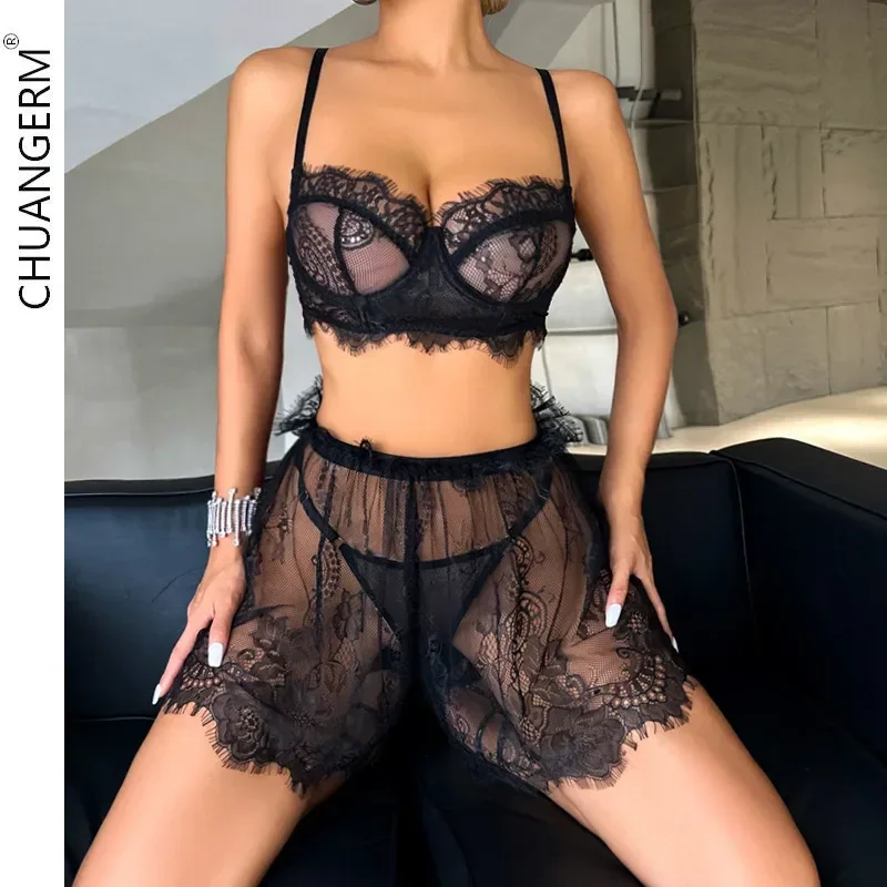 

CHUANGERM Lace Sexy Lingerie Transparent Sexy Underwear Women Embroidery Bra Skirt Exotic Set Erotic Outfit Sensual Intimate Kit