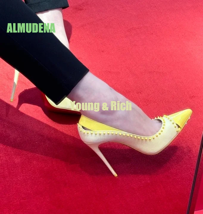 Rivet Trimmed Women's Slim High Heels Spring New Four-Color Pointed Velvet Splicing Shallow Mouth Casual Fashion Single Shoe