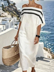 2026 Beach Style Half Sleeve Maxi Dress, Women Spring Summer Slash Neck Simple Party Dress, Solid Patchwork Chic Ladies Dresses