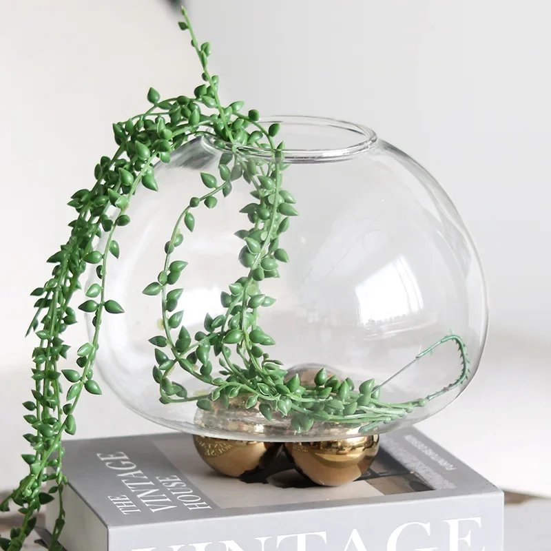 Clear Glass Vase Geometric Golden Ball Transparent Terrarium Floral Arrangement Accessories Flower Vase Home Decoration