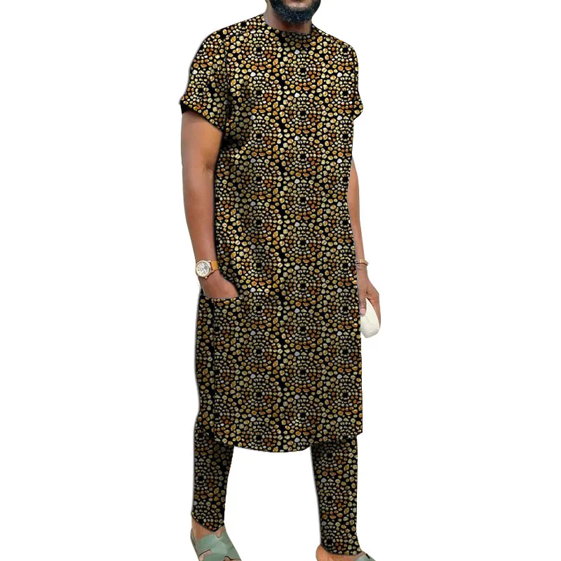 Original Design Men's Long Tops+Trousers Set Male Pant Suit Tailored Custom Size Summer African Print Party Clothes