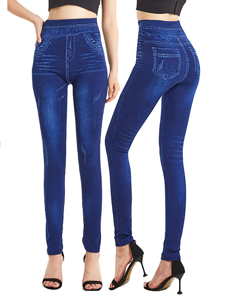 CUHAKCI Fashion Slim Faux Denim Jeans Women Plus Size Leggings For Fitness Workout Pocket Printing Casual Long Pencil Pants S-3X