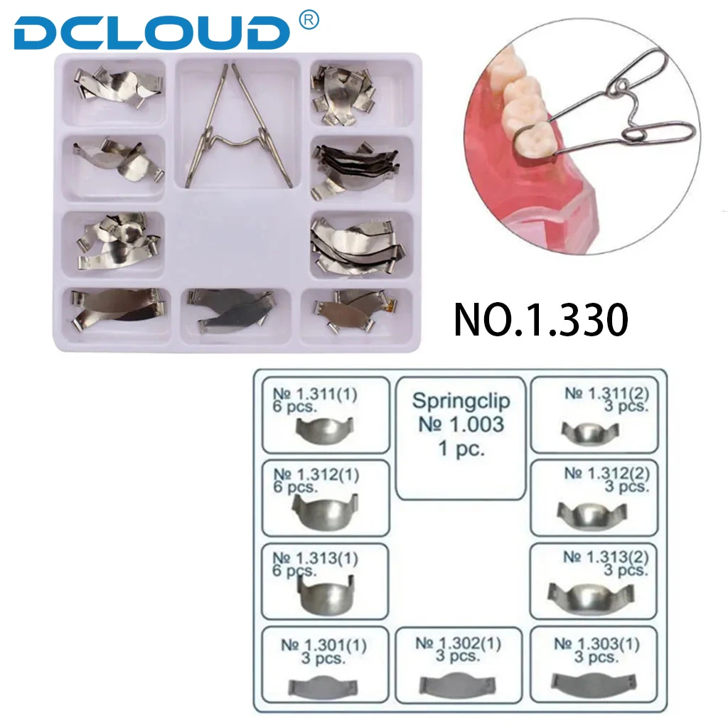 1 Set Dental Matrix Sectional Contoured Metal Matrices Bands Clip Contoured System Clamps Tooth Filling Material Restoration