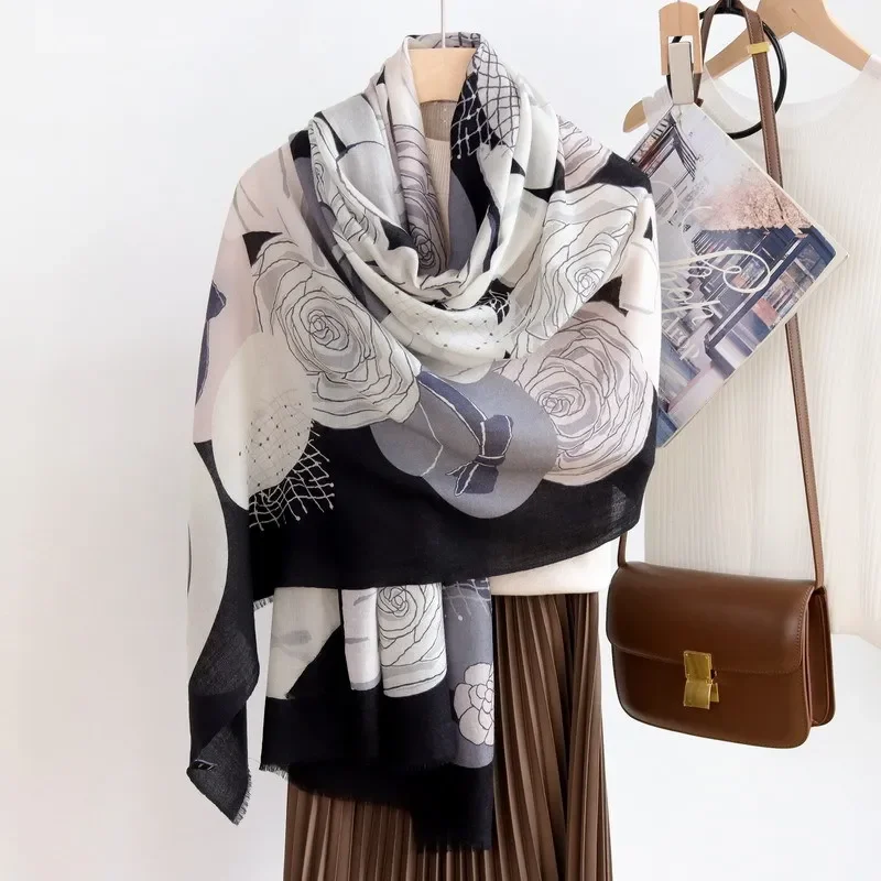 High-end Elegance Women Exquisite Camellia Hat Print Quality Water Soluble Wool Handmade Fringe Soft Warm Long Scarf Shawl
