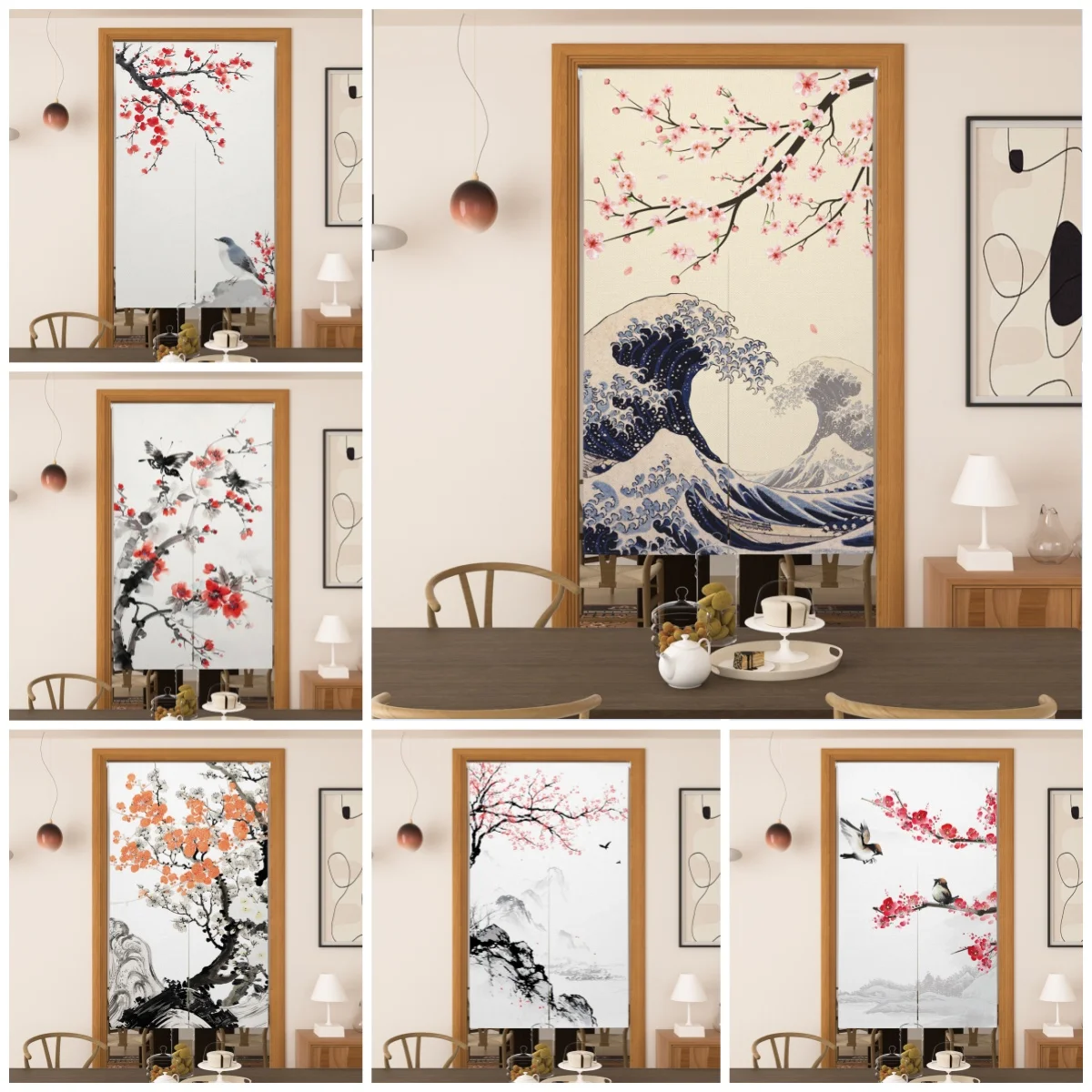 Chinese Style Noren Door Curtain Plum Blossom Birds Elegant Ink Print Window Kitchen Partition Screen Home Room Entrance Decor