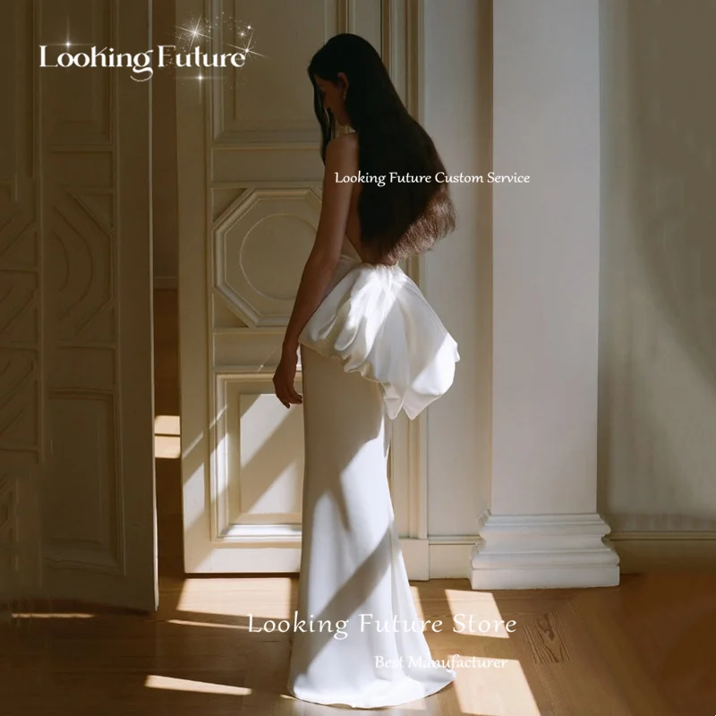 Simple Mermaid Ivory Satin Wedding Dress Elegant Sleeveless Halter Pleated Bow Sexy Open Back Bridals Floor Length Customized