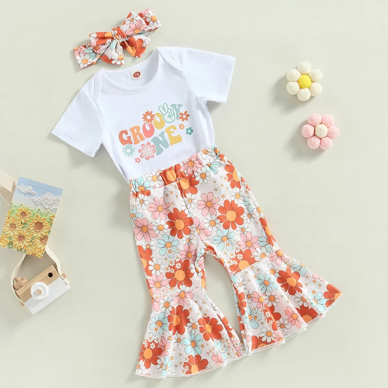 2022-12-17 Lioraitiin 0-3Years Toddler Baby Girls 3Pcs Outfit Sets White Short Sleeve Letter Print Romper Floral Flared Pants