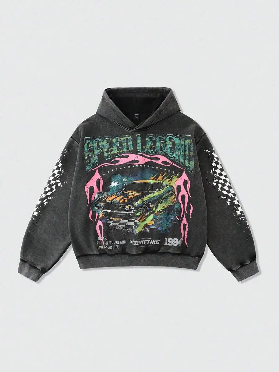 Men's Washed Vintage Graphic Hoodie with Flame Car Print, Loose Fit Streetwear Top