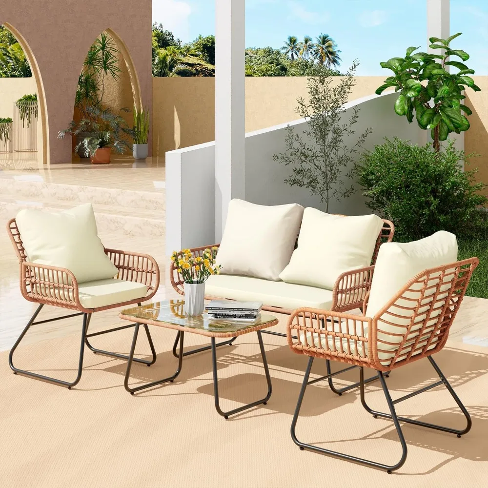 

4-Piece Rattan Patio Furniture Set, All-Weather Bistro Conversation Loveseat, Chairs, and Table Set for Outdoor Living Spaces