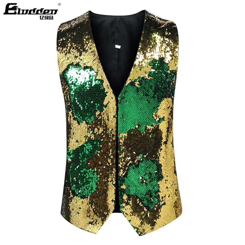 Men\'s Dress Suit Jacket Vest Double-Sided Color Sequins Tux Party Show Waistcoat Double-Sided Two Colors Sequins Waistcoat Vest