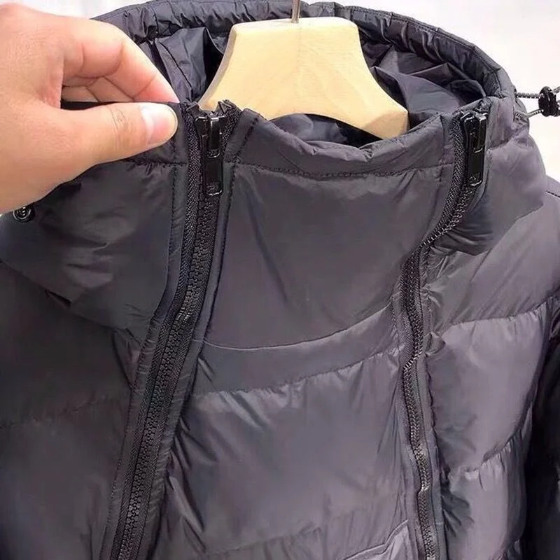 Jaqueta tática com zíper duplo, parkas com capuz, casaco de algodão masculino de inverno, pulôver preto, jaquetas acolchoadas brilhantes, casual, quente, roupa externa