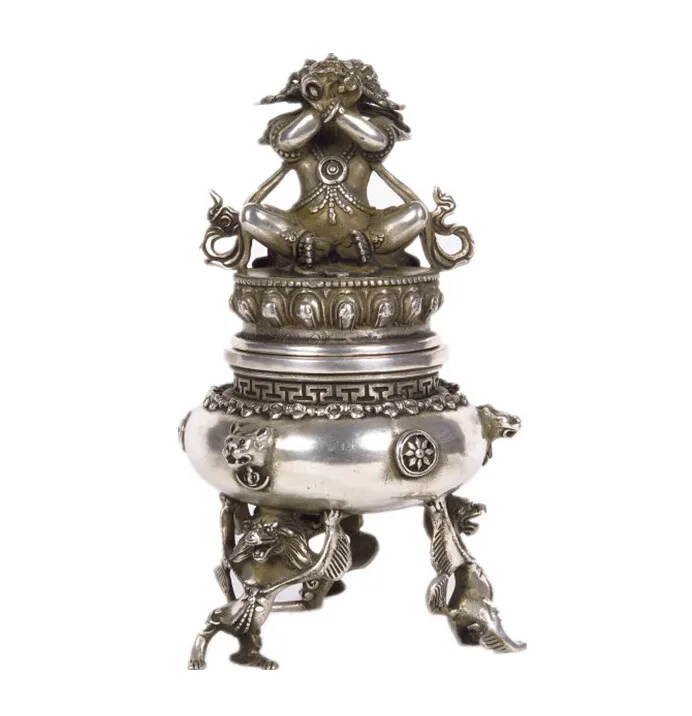 

Tibet silver Simhamukha Statue deity Vajradaka Dorje incense burners Censer