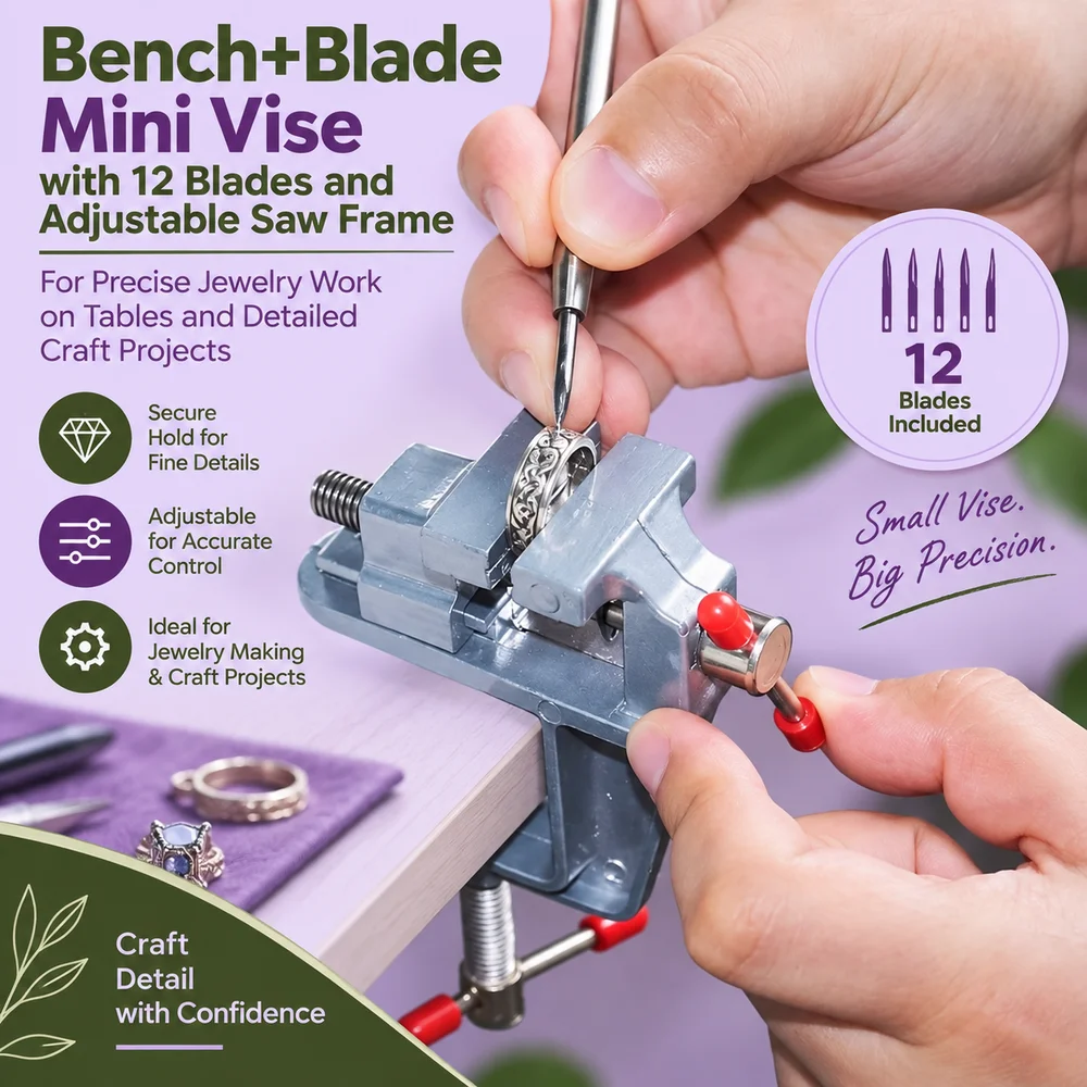 Bench+Blade Mini Vise with 12 Blades and Adjustable Saw Frame for Precise Jewelry Work on Tables and Detailed Craft Projects